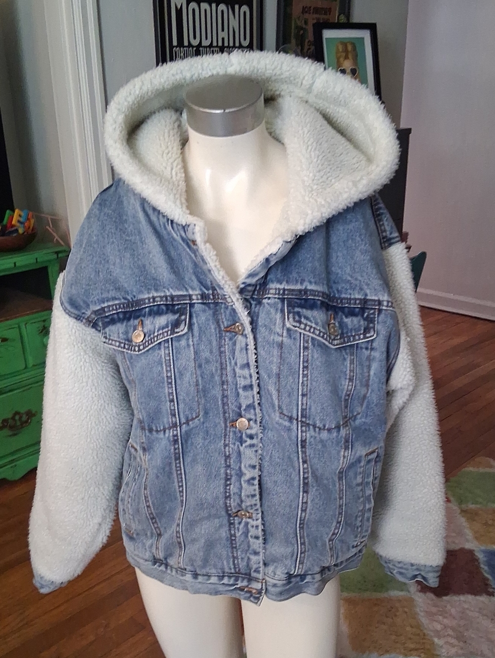 Hooded Sherpa-Lined Denim Jacket - Light Blue/Off-White